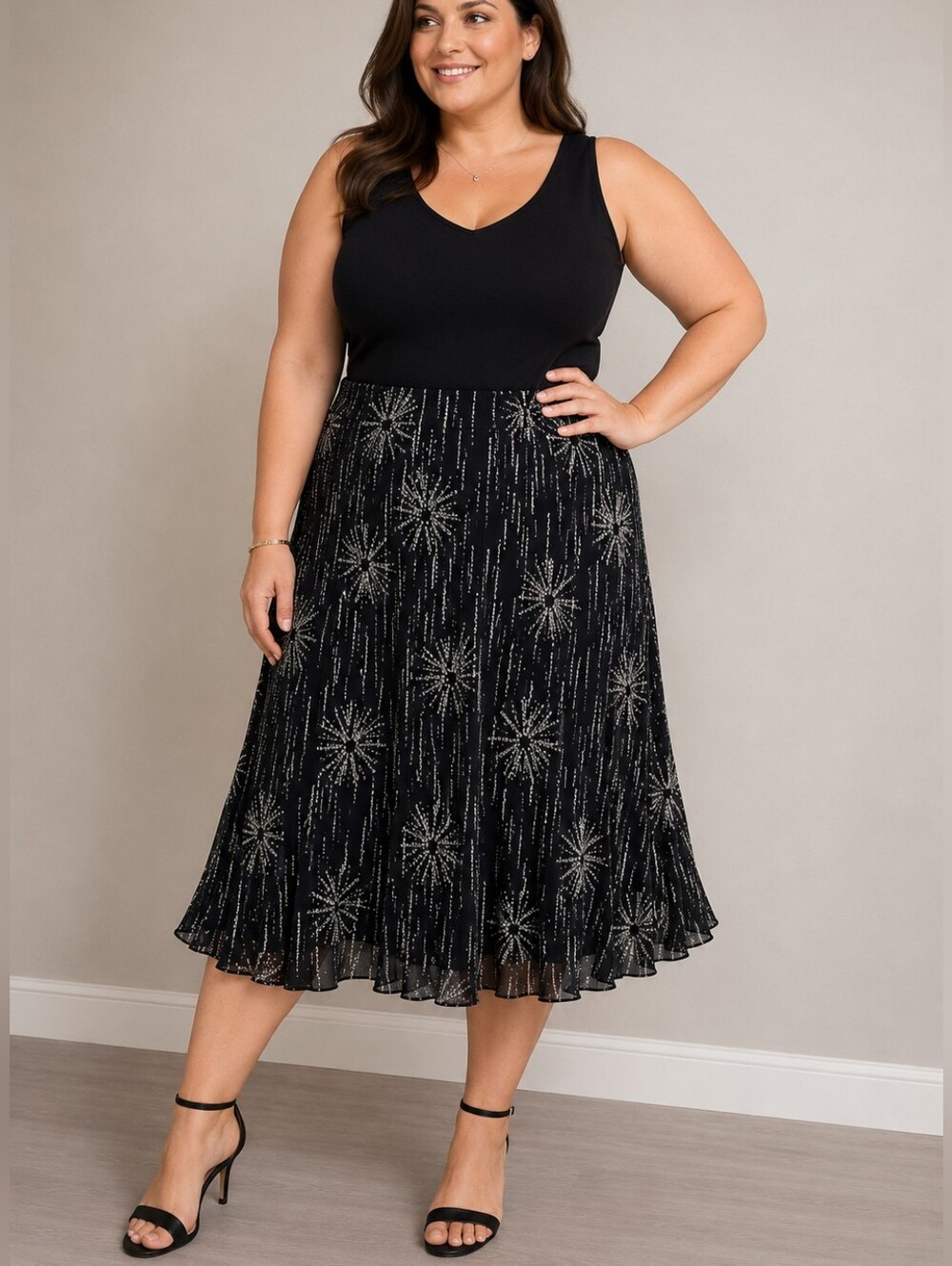 Alfani Black and Silver Starburst Midi Skirt 100% Silk Size 20